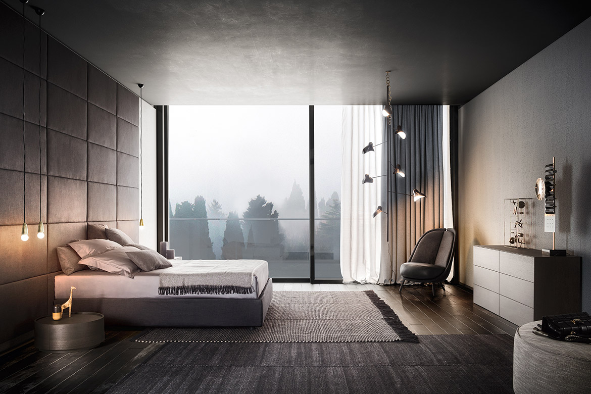 camera da letto matrimoniale con letto contenitore in tessuto sfoderabile pianca