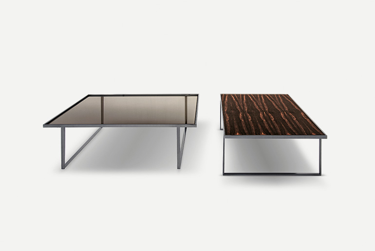 coffetable with top in wood, glass, lacquered glass, marble, slates