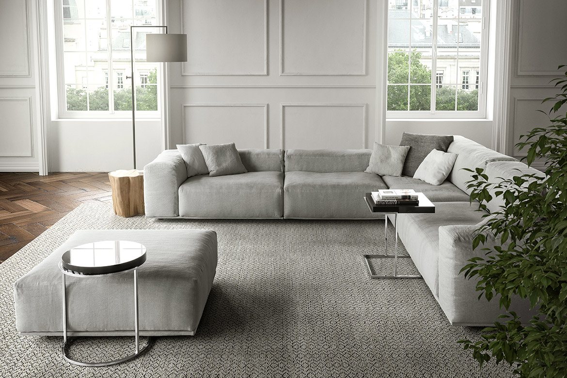 sofa with corner in fabric cover, ottoman, sidetables