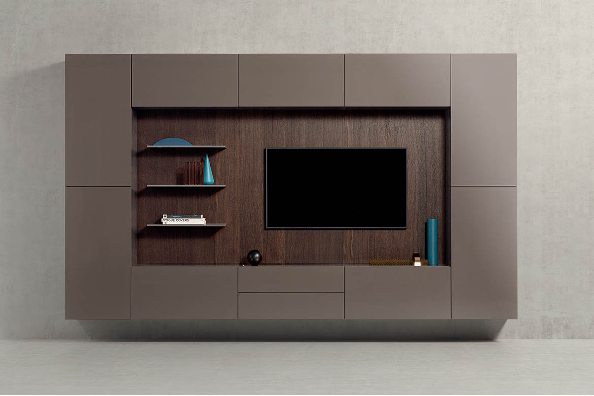 composizione sospesa in legno laccato marrone fango e rovere tabacco