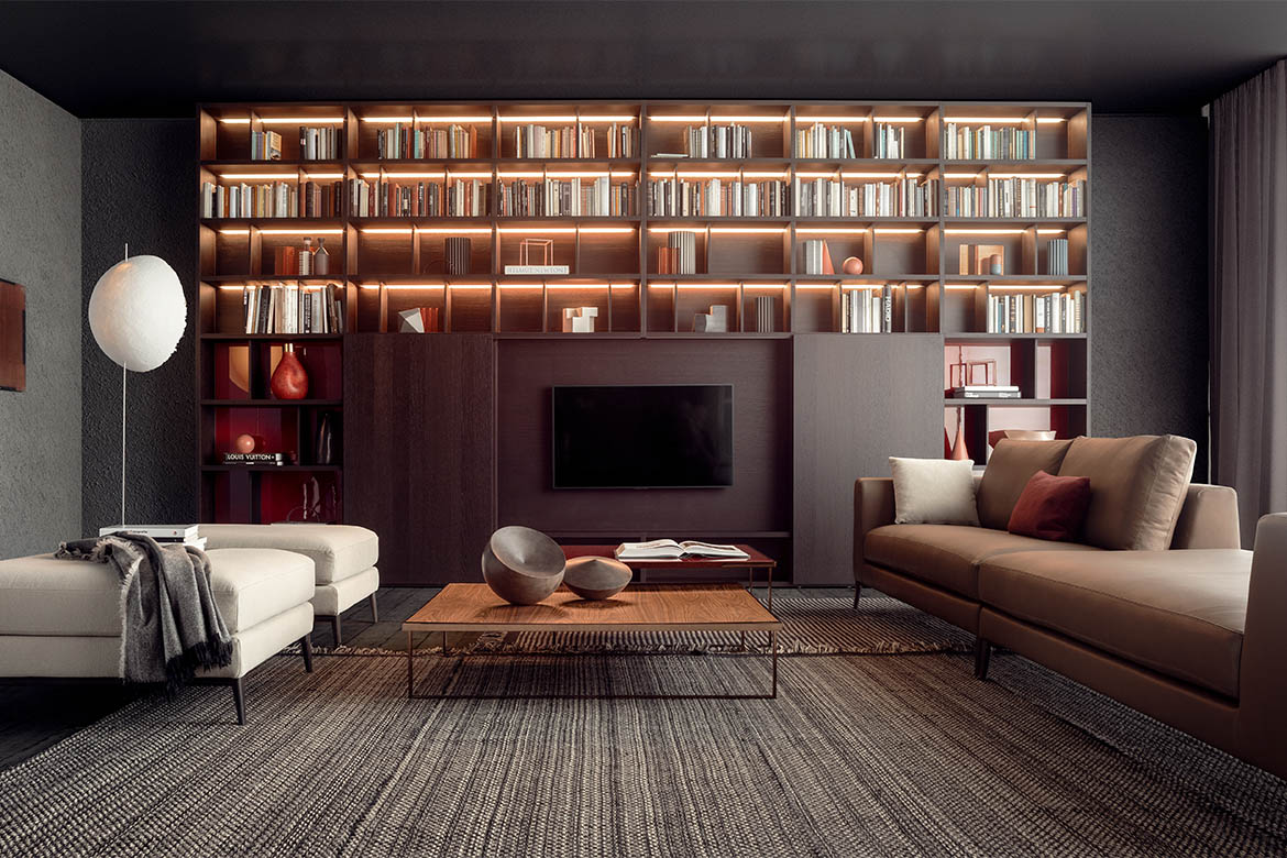 libreria modulare personalizzabile su misura con ante in legno scorrevoli e luce led