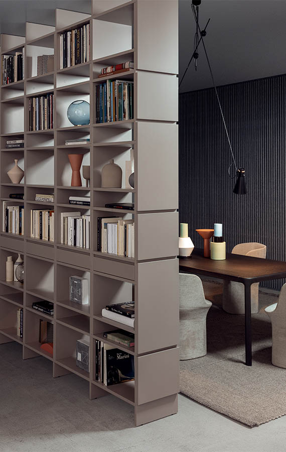 libreria modulare componibile bifacciale da centro stanza con cassetti design ferruccio laviani per pianca