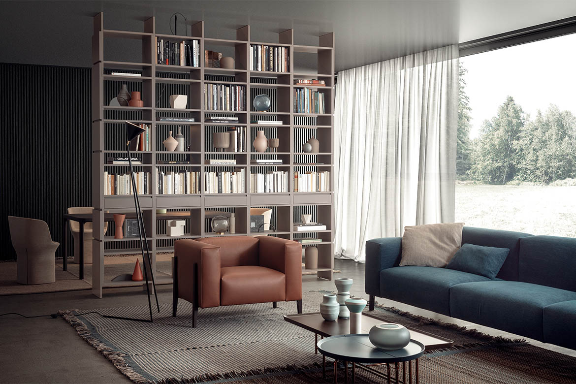 libreria bifacciale in legno colore grigio nuvola, poltrona all-in design cmp design studio tavolini componibili 1+1 pianca