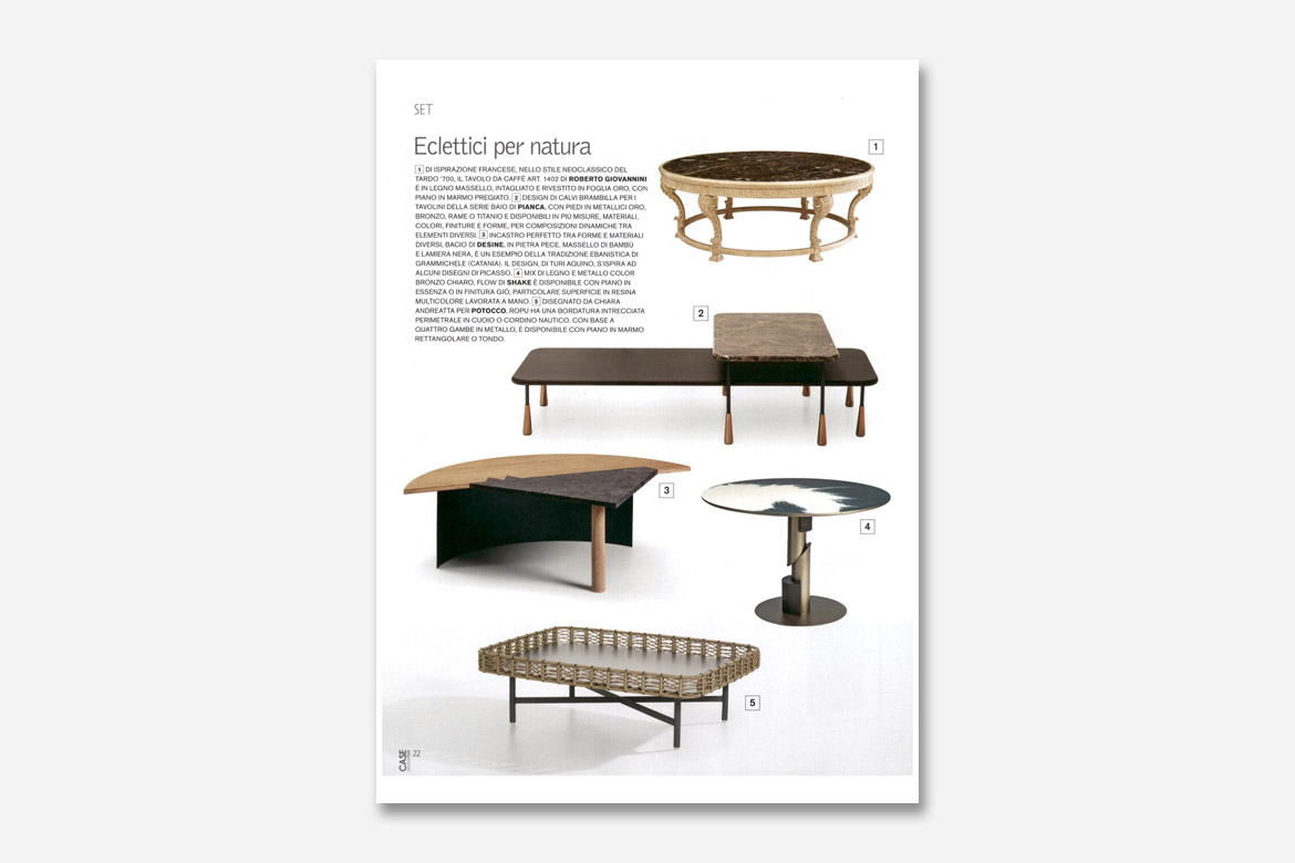 case & stili rivista menziona i tavolini baio disegnati da calvi brambilla per salone del mobile Pianca