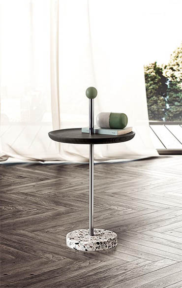 contralto coffetable free standing with terrazzo base, tubolar structure, rovere grigio wooden top, knob matt lacquered design cmp studio per pianca