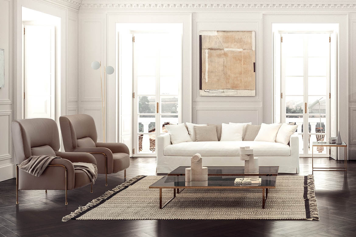 pianca livingroom with otto sofa with white fabric cover, icaro coffetable, teseo carpet tessoria asolana, platea armchair designed by Emilio Nanni per pianca