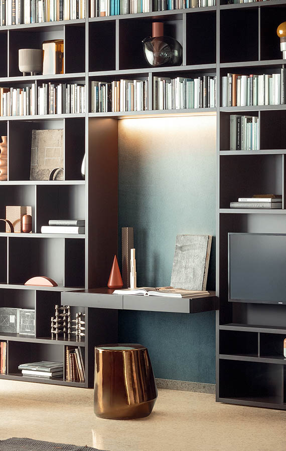 libreria con scrittoio ala in legno bifacciale pianca