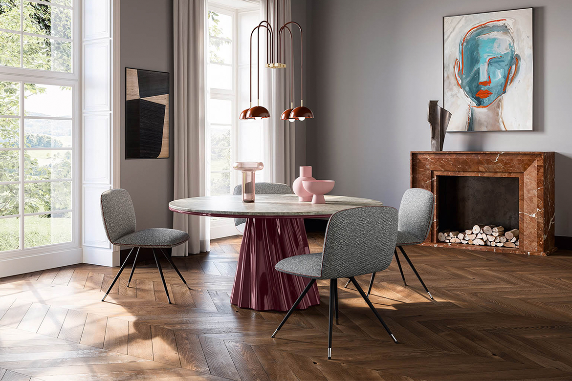 Tavolo Onda Indoor e sedia Clelia Pianca di Pier Luigi Frighetto, forme fluide e scultoree per living moderni