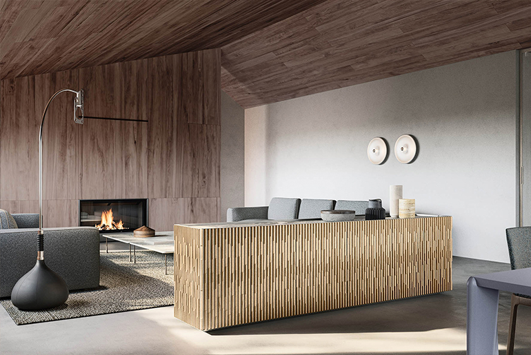 Madia Siviglia Pianca, design Calvi Brambilla, ante scolpite con effetto tridimensionale ispirato all’architettura
