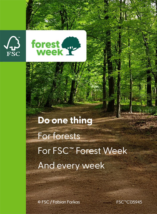 Campagna FSC Forest Week con bosco verde e percorso naturale, impegno per la salvaguardia ambientale e la gestione sostenibile delle foreste.