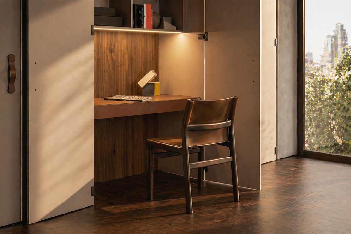 Fushimi, wooden chair with hard leather seat, design Philippe Tabet