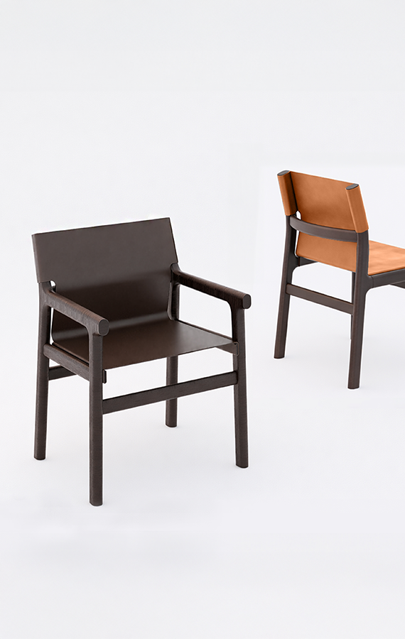 Fushimi, wooden chair with hard leather seat, design Philippe Tabet