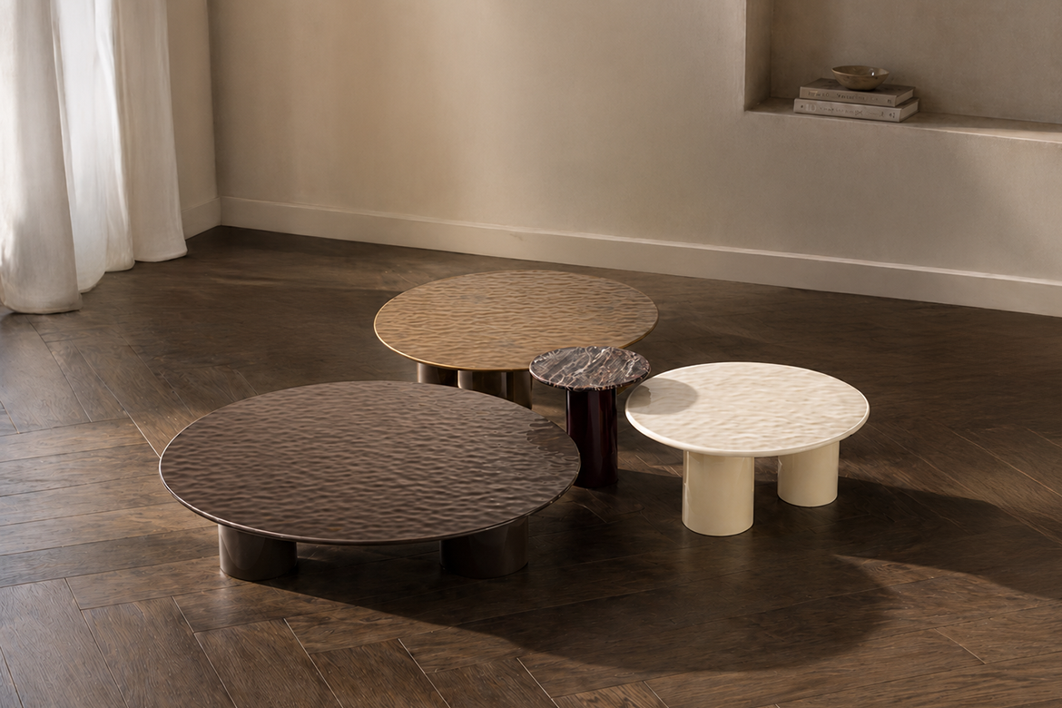Laguna, modern round coffee tables with back-lacquered hammered glass