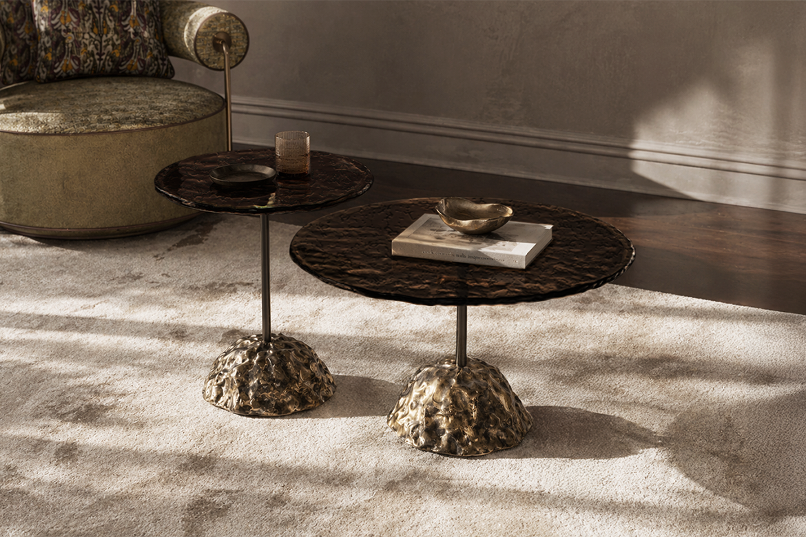 Pepita, modern coffee tables with hammered glass top and Bronze base, design Pier Luigi Frighetto