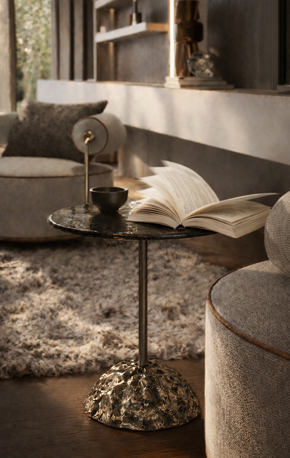 Pepita, tavolini moderni, piano vetro martellato e base bronzo, design Pier Luigi Frighetto