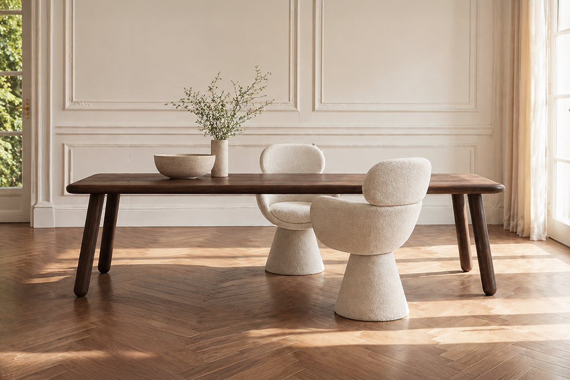 Pomaro, tavolo moderno, Laurie sedie, design Calvi Brambilla